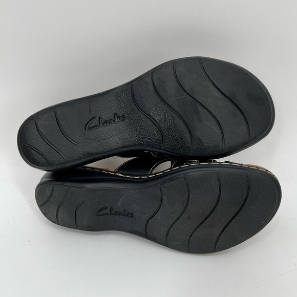 Clarks Comfort Slide Sandals Womens 7M Black Leather White Whip Stitch Open Toe - Picture 6 of 9